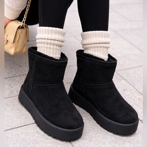 Women's Furry Faux Suede Ankle Platform Booties Black Size 8 NWT